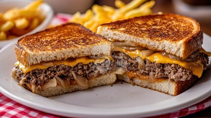 A patty melt sandwich with fries, featuring a burger patty, cheese, and onions between toasted bread.