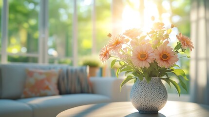 Beautiful flowers in vase on table in bright sunny living room interior