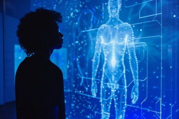 silhouette of a person in a blue background looking at a blue light hologram of a body in a display