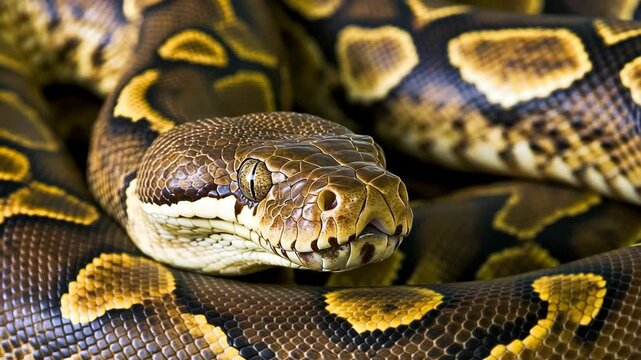 Close-up view of a vibrant python resting on textured surface in a natural habitat during daylight hours