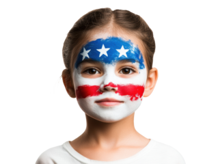 Girl with painted face in American flag colors for celebration on a transparent background, cut out