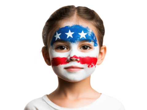 Girl with painted face in American flag colors for celebration on a transparent background, cut out