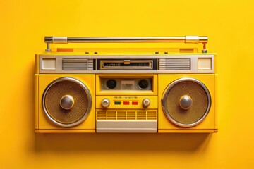 Fototapeta premium Yellow-hued, low-lit photo of a classic stereo cassette recorder; 80s nostalgia captured.