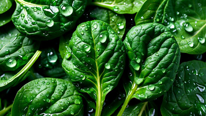 Obraz premium Fresh green spinach leaves glistening with water droplets