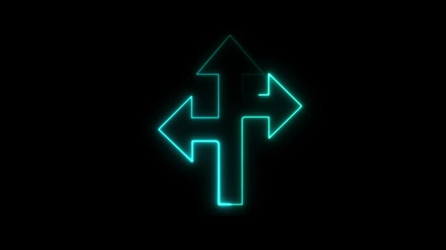 Neon Alternative Icon animation.Road direction arrow icon on transparent background.3 way decision opportunity option arrow. Three way direction icon.three goal road icon.