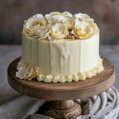 Chocolate cake decorated with beige and gold rose flowers on a wooden cake stand