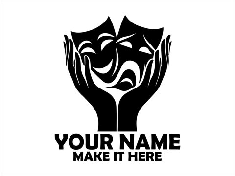 Monochromatic illustration of hands gracefully holding theatrical comedy and tragedy masks. Tatoo and logo vector design
