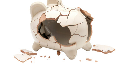 A broken white piggy bank with pieces scattered on the floor, representing lost savings or financial crisis