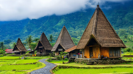 Scenic Rural Village with Thatched Roof Houses Green Rice Fields and Lush Mountain Backdrop in Bright Daylight With a Natural Atmosphere