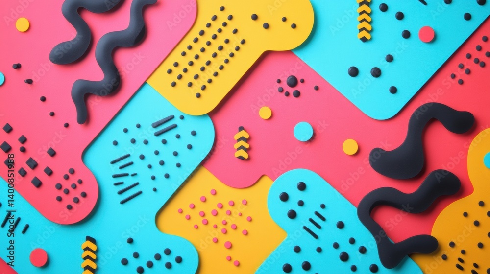 Poster Colorful Memphis style abstract shapes with zigzags, squiggles, dots, and triangles on a vibrant background showcase playful design elements