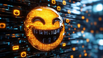 Laughing emoji showing teeth on digital abstract background