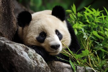 Fototapeta premium A panda leisurely munches bamboo while nestled against a rock amidst vibrant green foliage, captured with natural lighting and striking detail.
