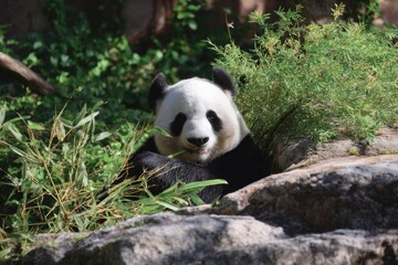 Obraz premium A panda relaxes against a rock, contentedly munching on bamboo amidst lush green foliage, bathed in natural light.