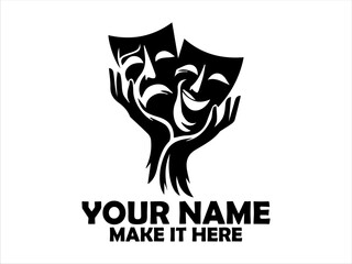 Monochromatic illustration of hands gracefully holding theatrical comedy and tragedy masks. Tatoo and logo vector design