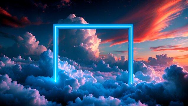 Glowing blue neon frame in surreal cloudscape - Powered by Adobe
