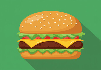 Juicy Cheeseburger with Sesame Seed Bun and Long Shadow on Green Background