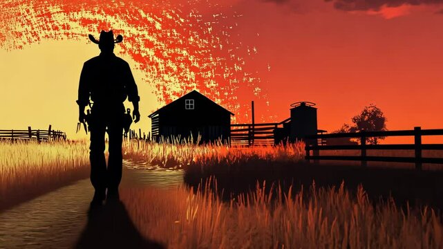 Western Cowboy Family Silhouette at Sunset with Barn and Nature Background