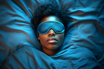 Sleeping Black woman in a dim bedroom, reflecting good sleep hygiene, quality sleep, bedtime routine, sleep mask, sleep habits, African American man