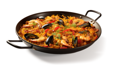 An image of a Valencian paella photo saved from above on a transparent background