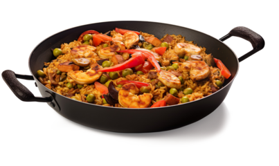 An image of a Valencian paella photo saved from above on a transparent background
