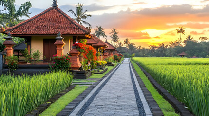 Fototapeta premium Scenic Sunset View Over Traditional Balinese Village and Rice Fields Tranquil Tropical Landscape with Lush Greenery and Warm Sunlight in Indonesia