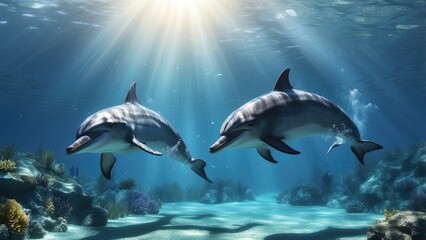 Fototapeta premium Two dolphins swimming in clear blue ocean water with sunlight streaming through the surface