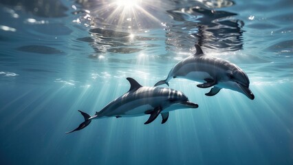 Fototapeta premium Two dolphins swimming in clear blue ocean water with sunlight streaming through the surface
