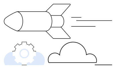 Rocket speeding forward, surrounded by a gear and cloud. Ideal for innovation, technology, growth, progress, speed, futuristic vision startup energy. Flat simple metaphor