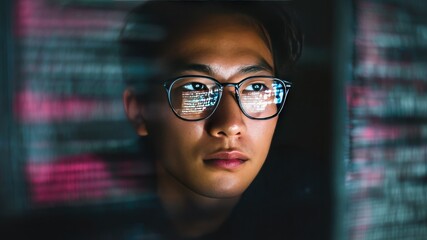 Young Asian man coding with code reflected on his glasses in a dark ambiance.