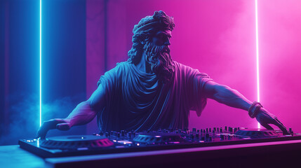 god statue djing in neon lights, perfect for modern club posters, music festival flyers, or creative projects mixing classical art with nightlife aesthetics