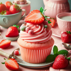 Delicious Strawberry Cupcake with Pink Frosting and Fresh Fruit Topping