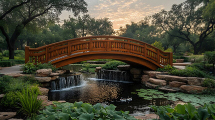 Wooden Bridge Over Serene Pond in Lush Garden at Sunset