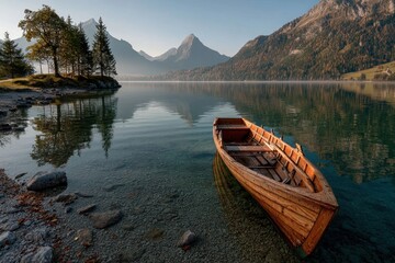 Obraz premium A wooden rowboat rests peacefully on the tranquil lake's shore, embraced by misty mountains and bathed in golden hour light, evoking a sense of calm and solitude.