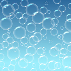 Air bubbles, aqua and effervescent water fizz. Bubble underwater with blue background 