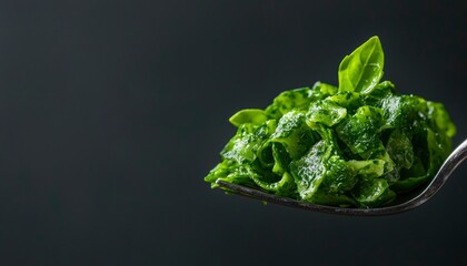 Spinach pasta on fork