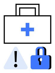 First aid box with plus sign, triangle warning symbol, and padlock signify emergency, caution, and protection. Ideal for healthcare, safety, insurance, risk management security emergency