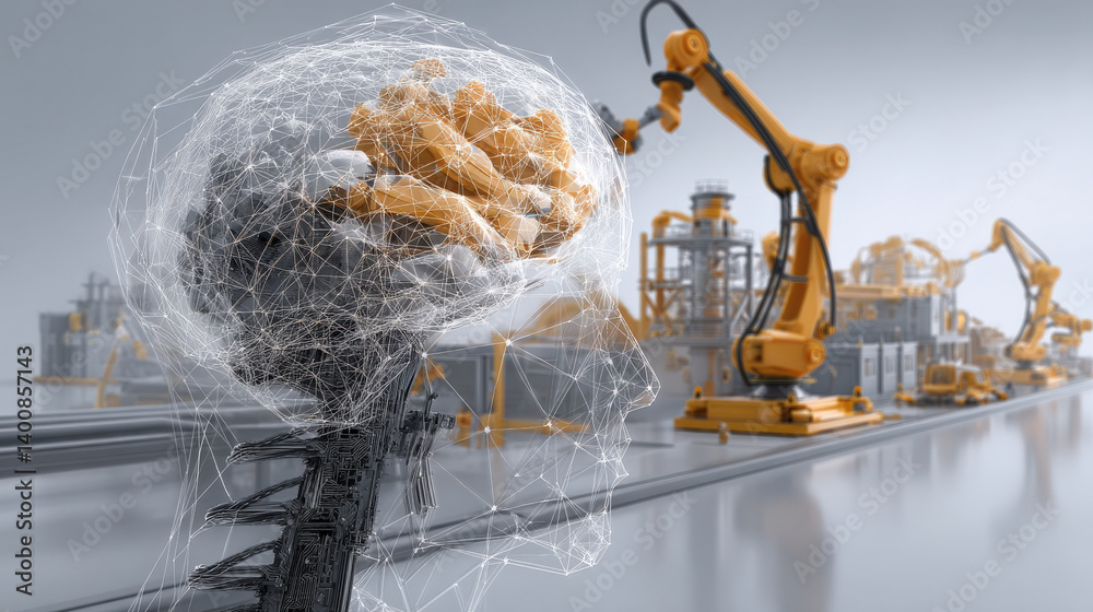 Poster 3D render of brain machine interface system shows cognitive technology integrated with industrial robots in futuristic factory setting