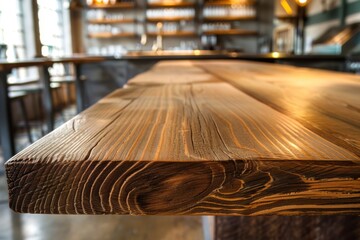 Wooden table in modern kitchen with blurred background