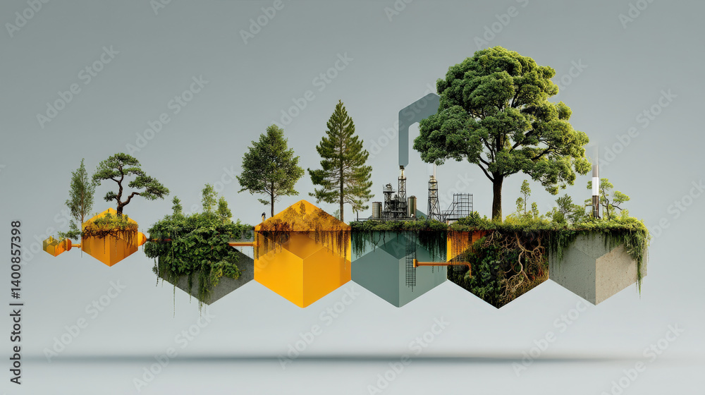 Poster surreal landscape features floating geometric shapes with trees and industrial elements, symbolizing intersection of nature and industry. scene evokes sense of balance and contrast