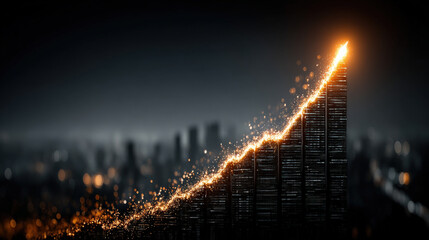 glowing upward graph made of light particles symbolizes economic growth against blurred cityscape background, conveying progress and success