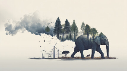 surreal image of elephant with trees and wind turbines on its back, symbolizing impact of pollution on wildlife and nature. scene blends nature and industrial elements