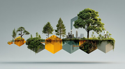 surreal landscape features floating geometric shapes with trees and industrial elements, symbolizing intersection of nature and industry. scene evokes sense of balance and contrast