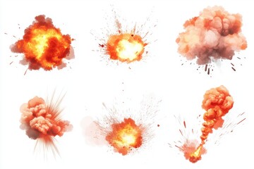 Orange explosions on white set isolated on white background