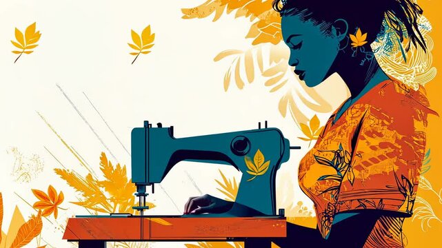 Cartoon Seamstress Working on Couture Suit with Vintage Sewing Machine and Tools in Grunge Style Illustration