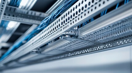 Metal cable trays with blue cables are installed in a building.