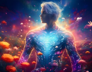 Young man connecting with nature, showing spiritual energy and inner peace in a colorful flower field