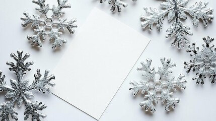 Open blank holiday greeting card elegant silver snowflake patterns positioned on a clean white surface
