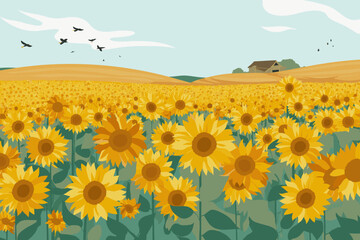 Wide sunflower field with barn and birds in scenic countryside illustration