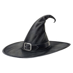 Black witch hat with buckle classic Halloween costume accessory isolated on transparent background for spooky celebrations