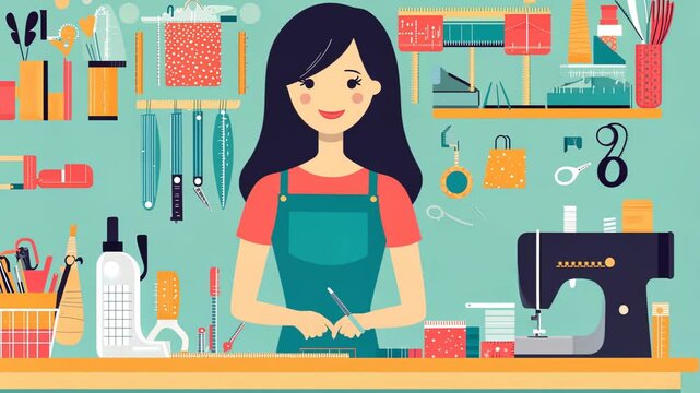 Cartoon Seamstress Designing Couture Fashion at Office Table in 2D Vector Illustration